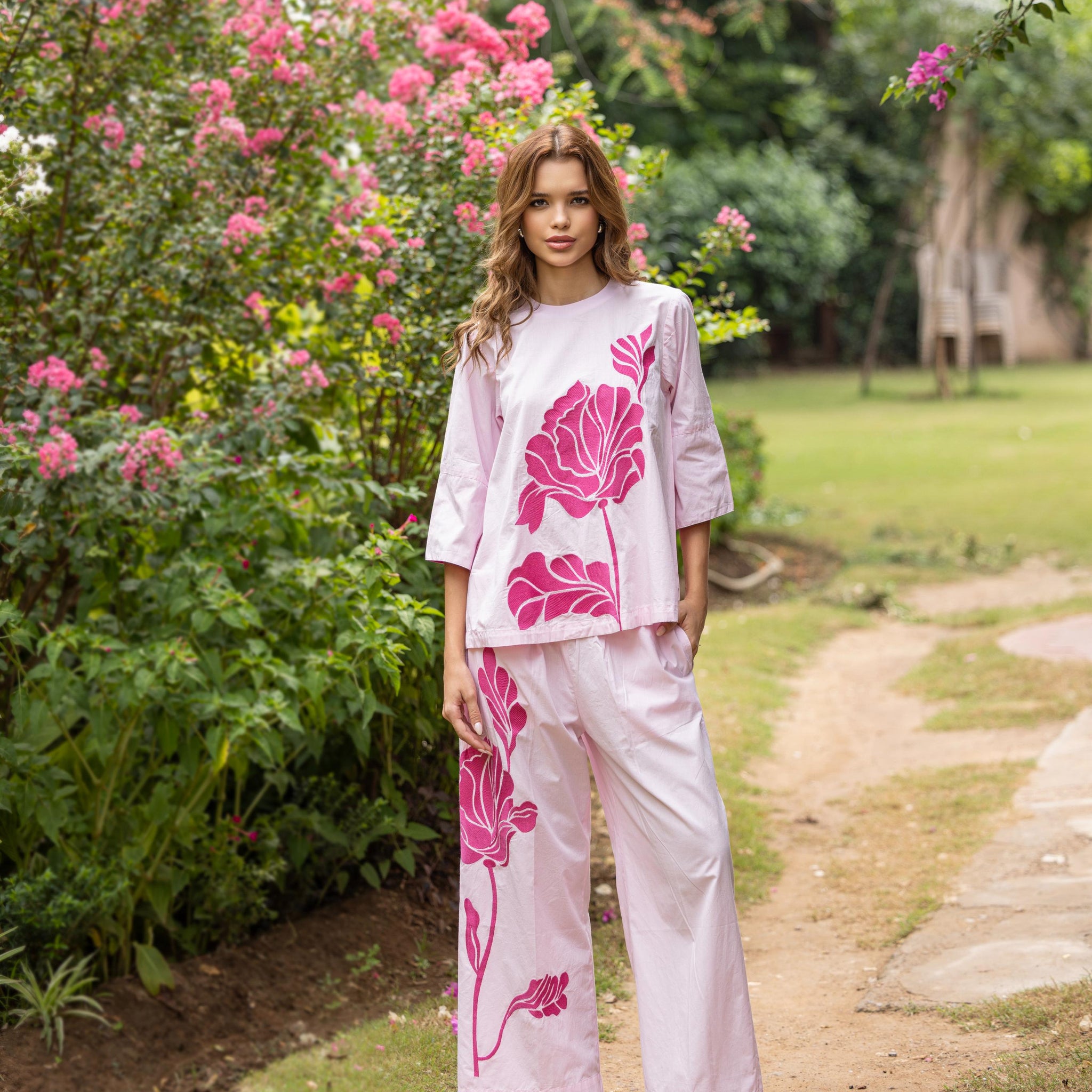 Floral Embroidered Back Slit Pink Cotton  Coord Set
