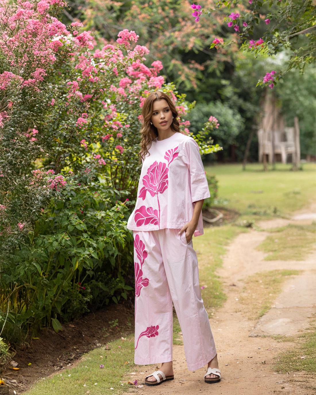 Floral Embroidered Back Slit Pink Cotton  Coord Set