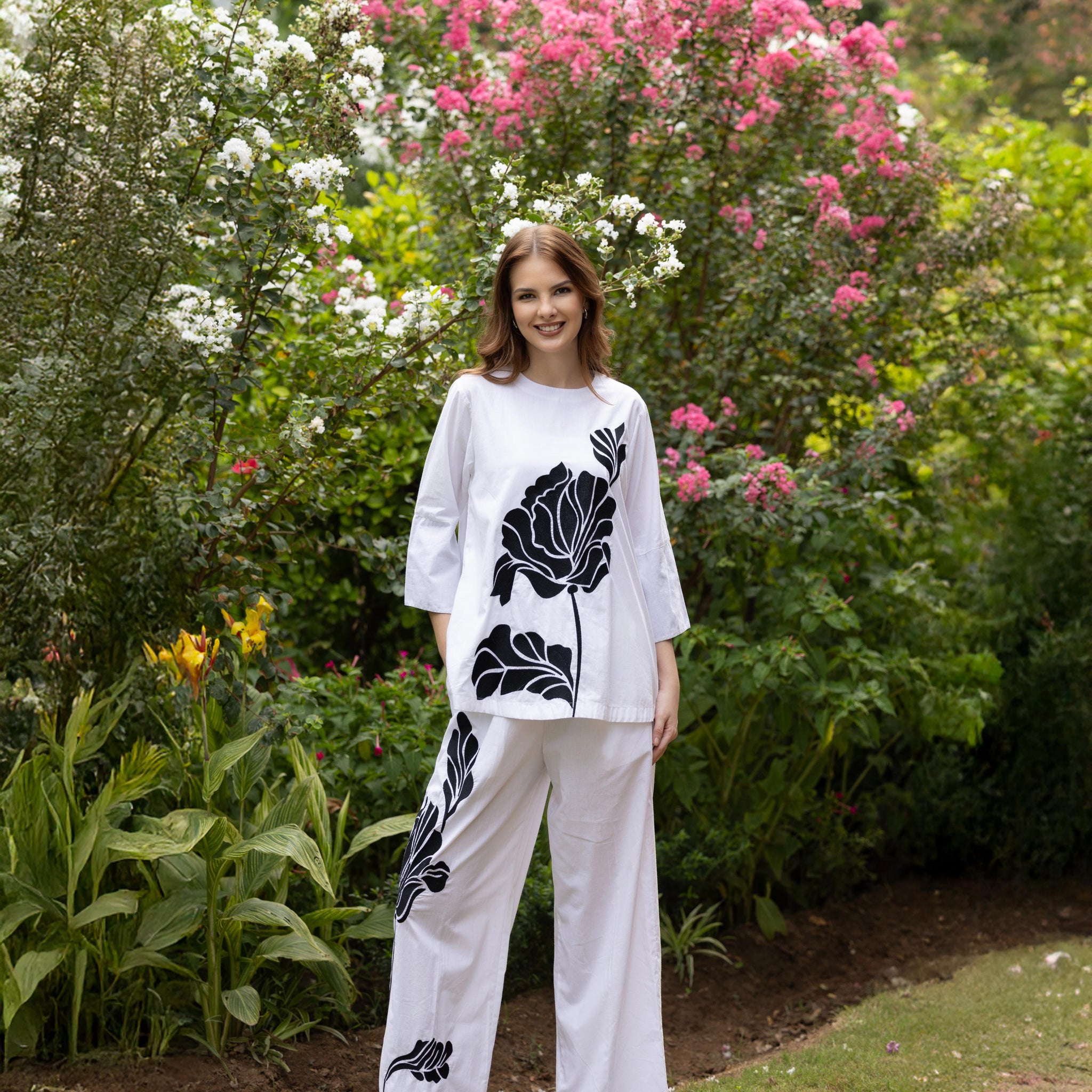 Floral Embroidered Back Slit White Cotton Coord Set