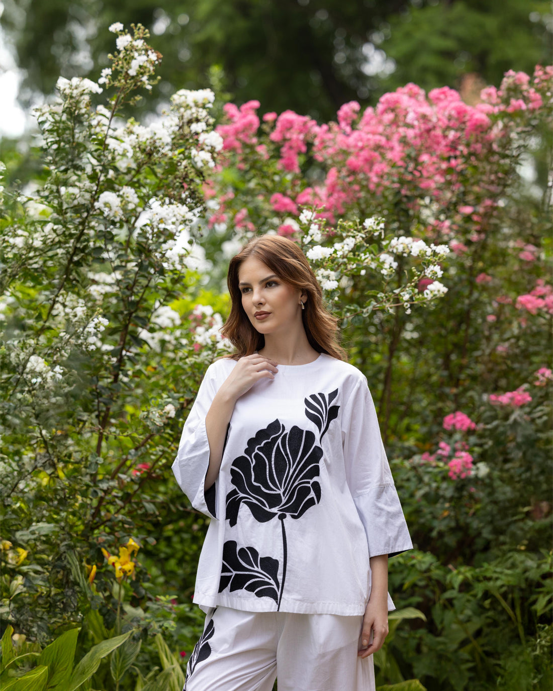 Floral Embroidered Back Slit White Cotton Coord Set