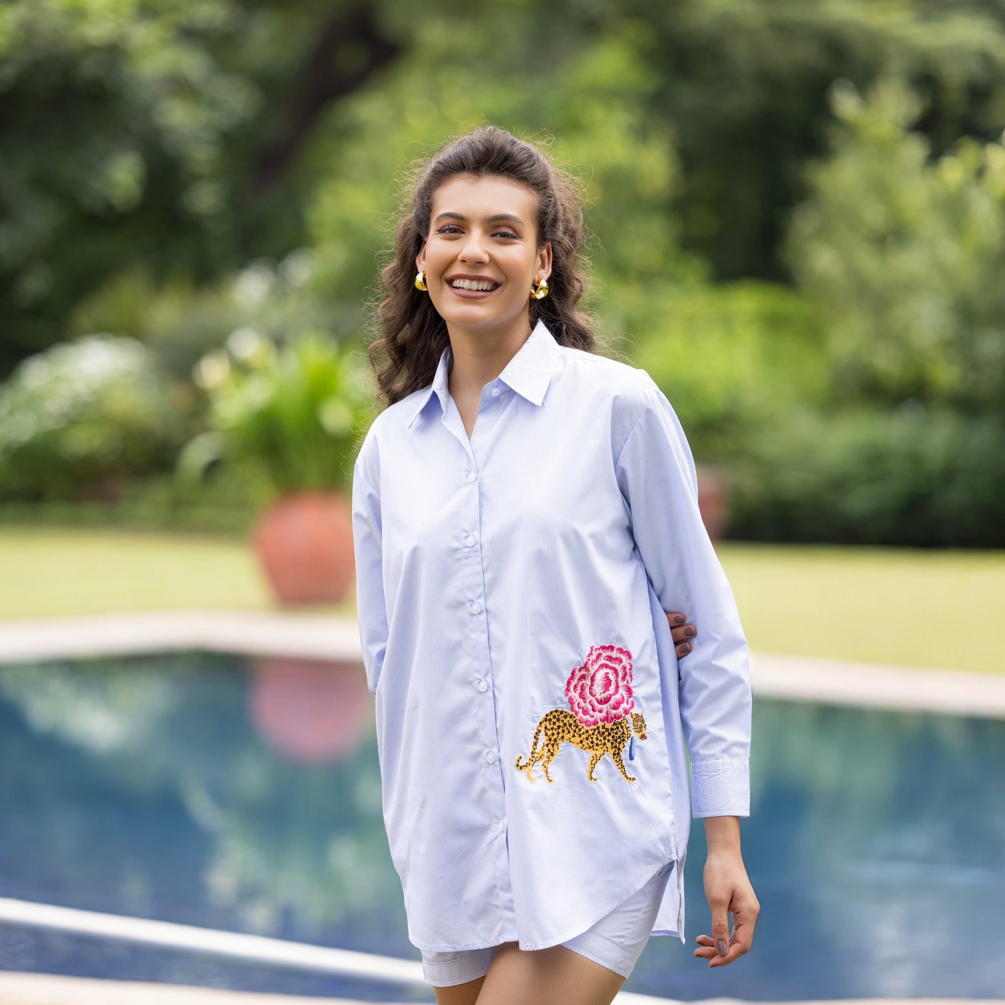 Vertical Blue Striped Leopard Embroidered Cotton Shirt With Back Button Detailing