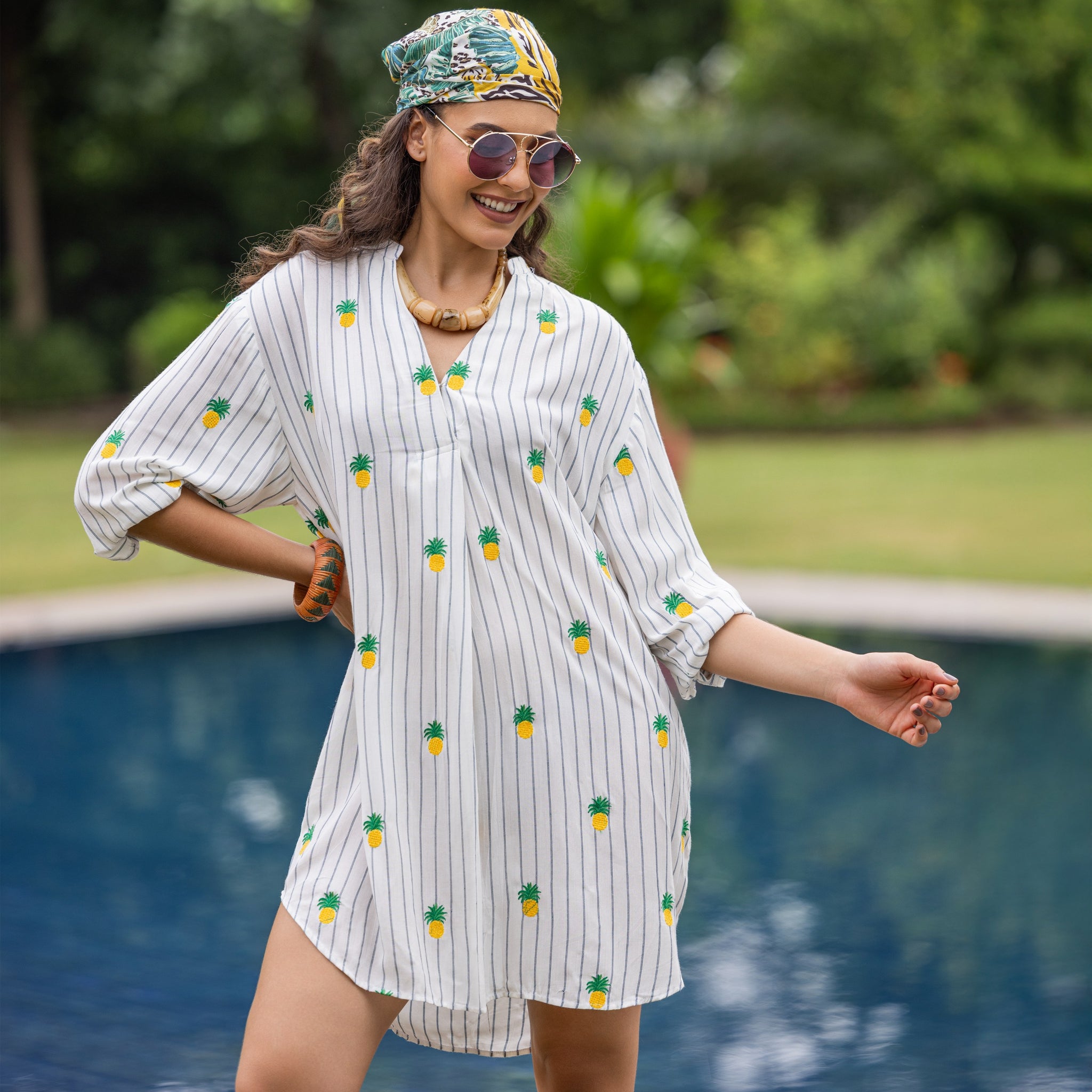 Vertical Striped Pineapple Embroidered Cotton Shirt With Box Pleat
