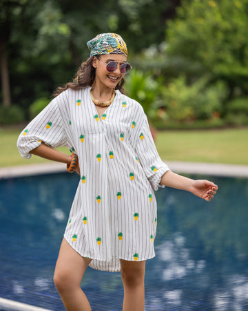 Vertical Striped Pineapple Embroidered Cotton Shirt With Box Pleat