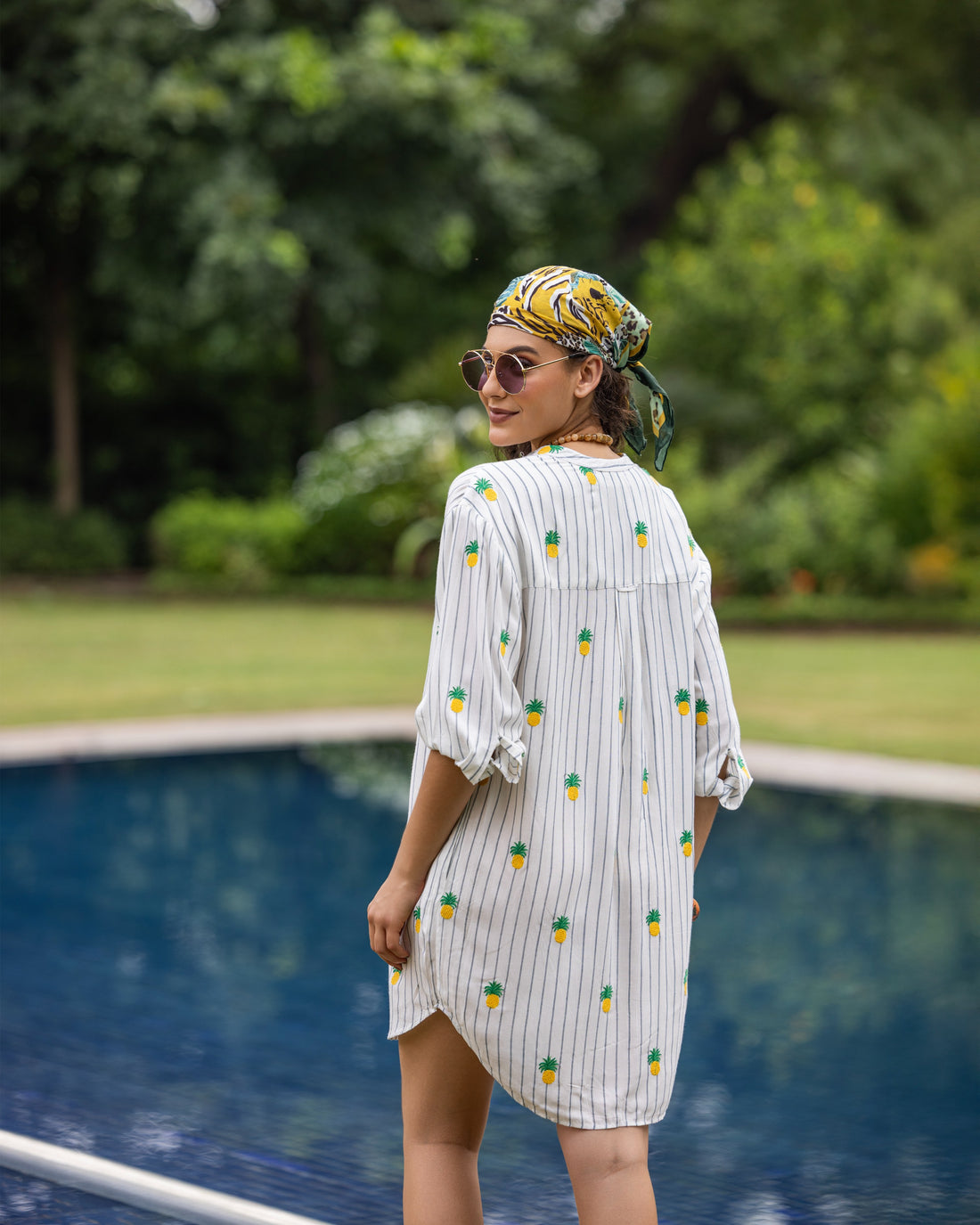 Vertical Striped Pineapple Embroidered Cotton Shirt With Box Pleat
