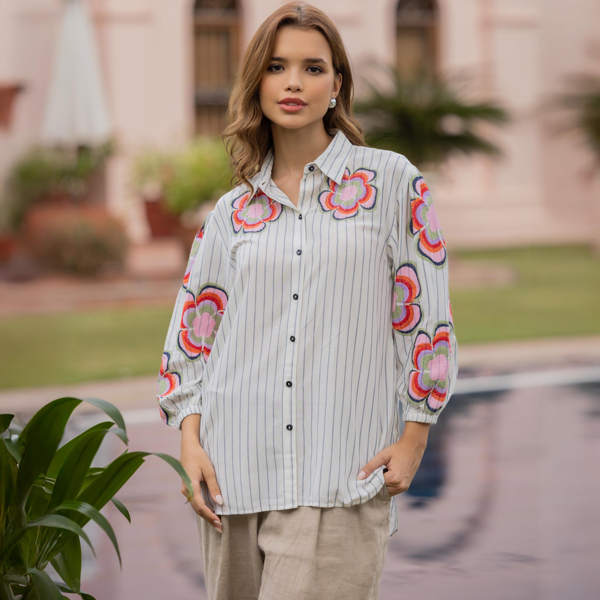 Vertical Striped Floral Embroidered Cotton Shirt