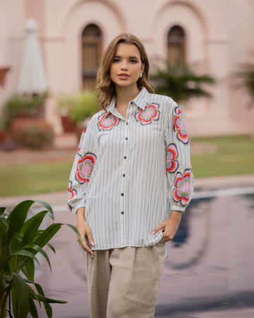 Vertical Striped Floral Embroidered Cotton Shirt