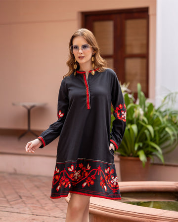 Black Floral Heavily  Embroidered Cotton Shirt