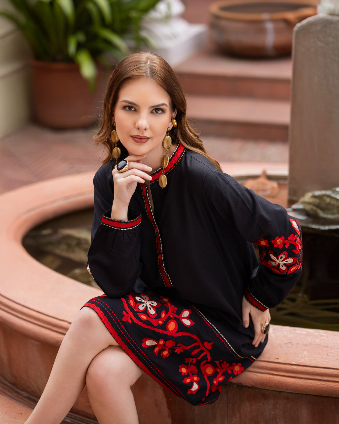 Black Floral Heavily  Embroidered Cotton Shirt