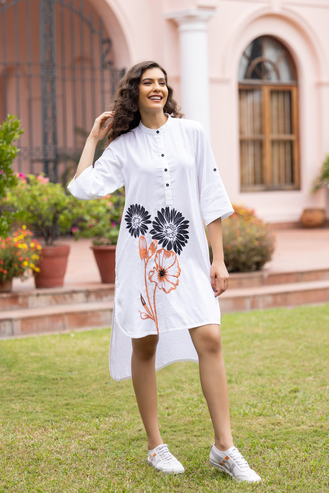 White Front Embroidered High & Low Cut Long  Shirt